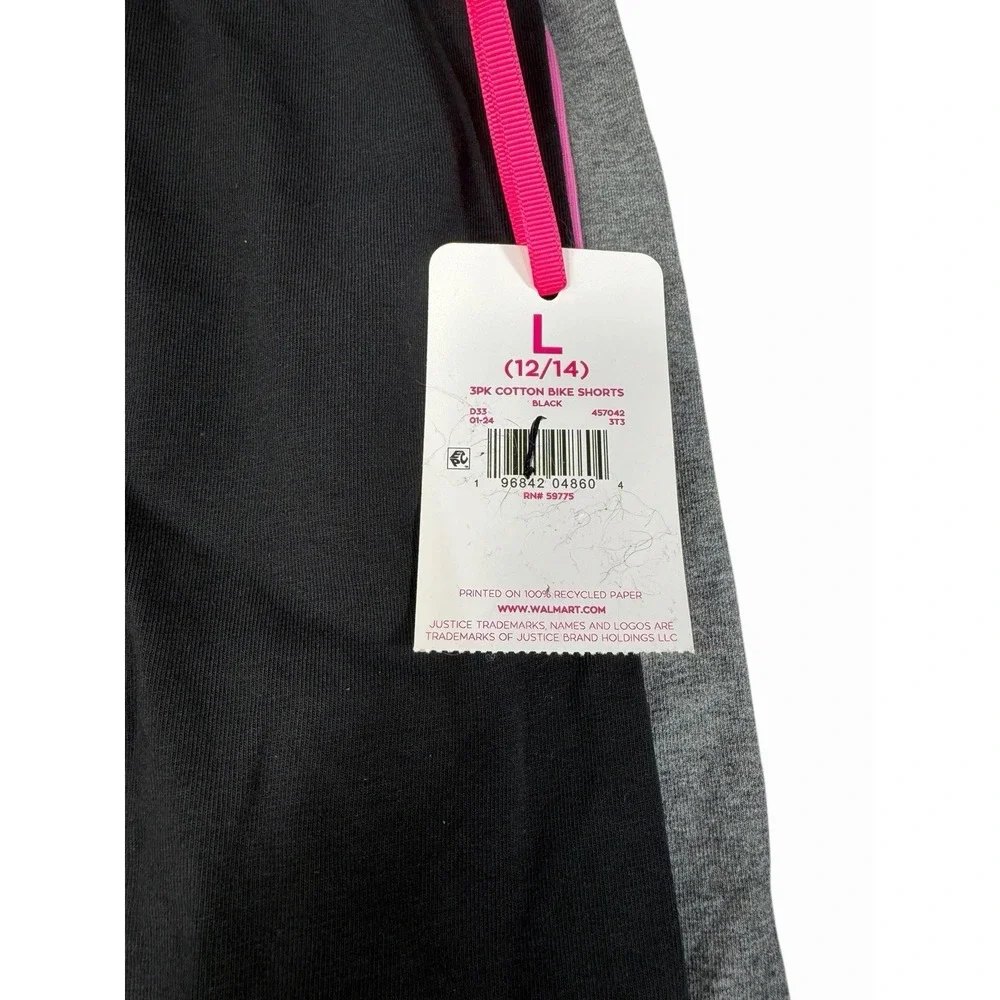 justice girls 3 pack cotton bike shorts size large 10 14 black pink‎ grey